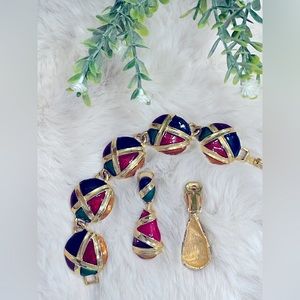 Spectacular Vintage Colorful Enamel Link Geometric Bracelet and Earrings Set